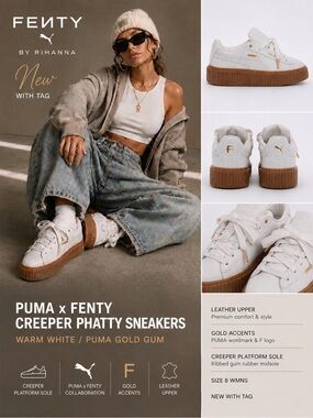 PUMA X FENTY CREEPER PHATTY SNEAKERS NWT Warm White Puma Gold Gum Sole Earth 8